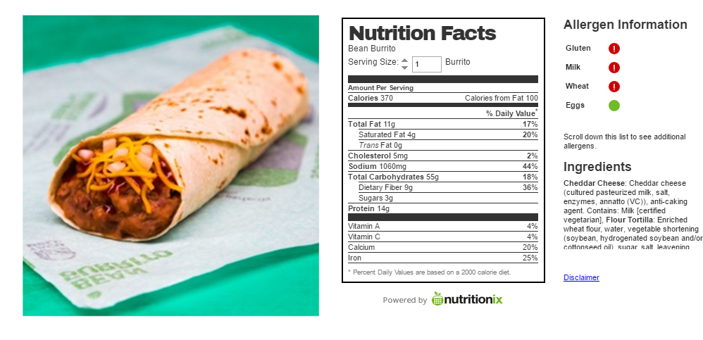 Taco Bell Cantina Chicken Burrito Nutrition Facts