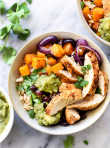 Roasted Chicken, Butternut Squash and Guacamole Rice Bowls suggested by personal training and weight loss
