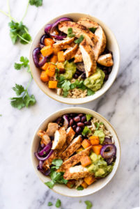 Roasted Chicken, Butternut Squash and Guacamole Rice Bowls