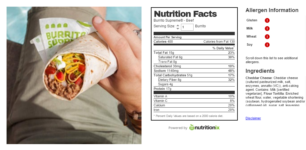 Taco Bell Dorito Taco Nutrition